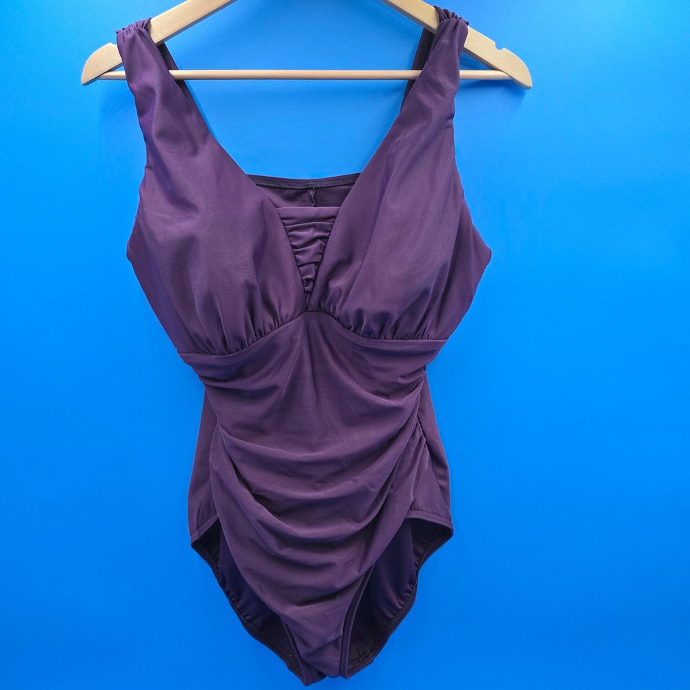 Lands' End Purple Ruched Slendertex Swimsuit 14 DDD One Piece V-Neck Draped